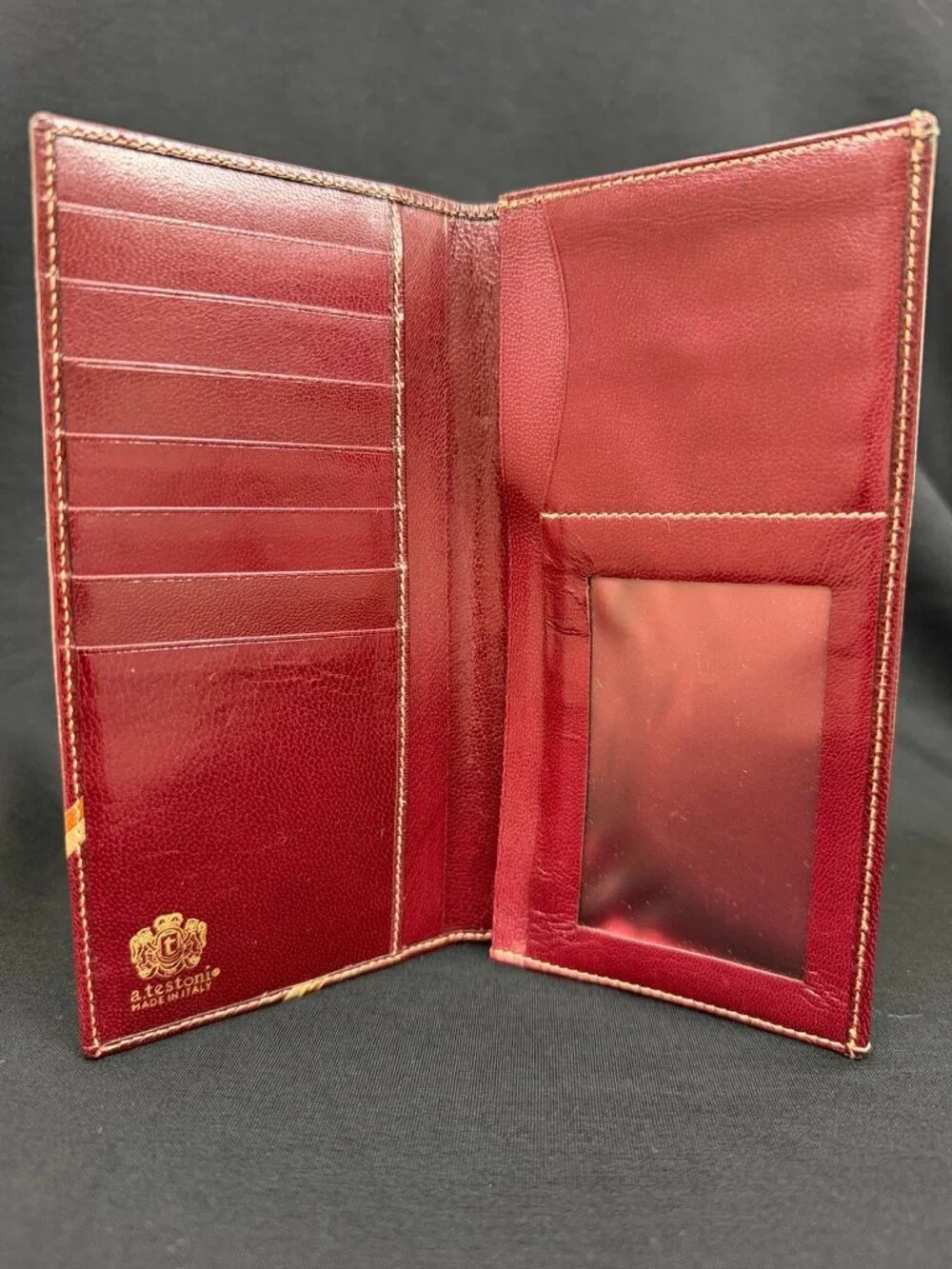 Vintage A. Testoni Burgundy Red Leather Long Continental Checkbook Wallet Italy
